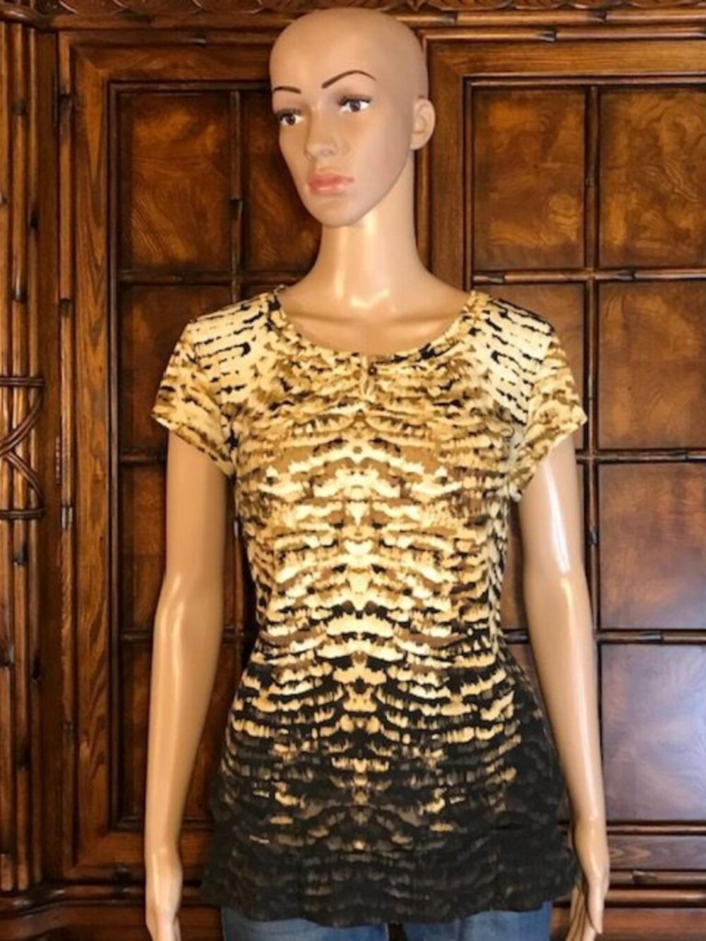Lizwear Black Honey Tan Tiger Print Button Neck Short Sleeve Top